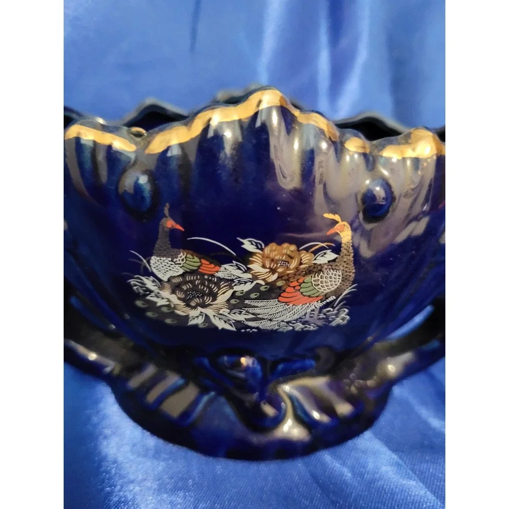 Porcelain Decorative Bowl Cobalt Blue with Hand-painted Gold Trim and Birds